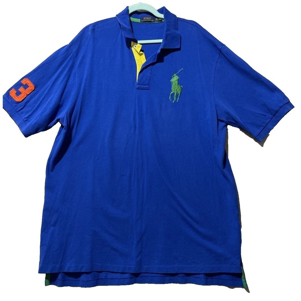 Polo Ralph Lauren Big Pony PoloShirt Men's XLT Tall Blue Sleeve Patch‎ #3 Preppy